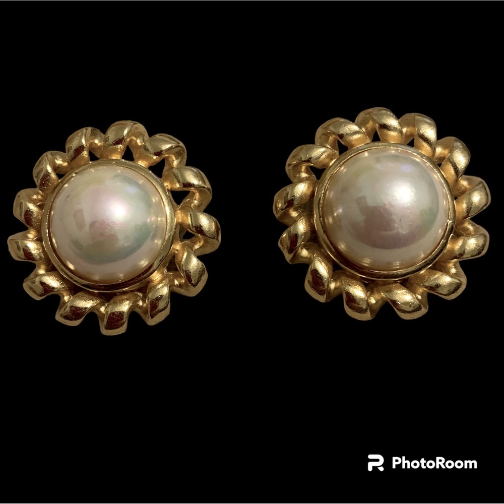 Christian Dior Vintage Faux Pearl Gold Clip Earrings Iridescent Signed Authentic